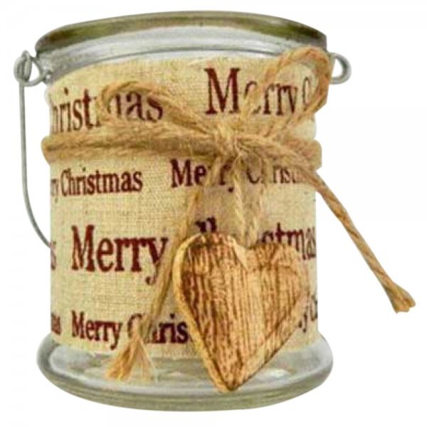 Χριστουγεννιάτικο Διακοσμητικό Γυάλινο Βαζάκι, με Λινάτσα και Φιόγκο με Ξύλινη Καρδιά (10cm)